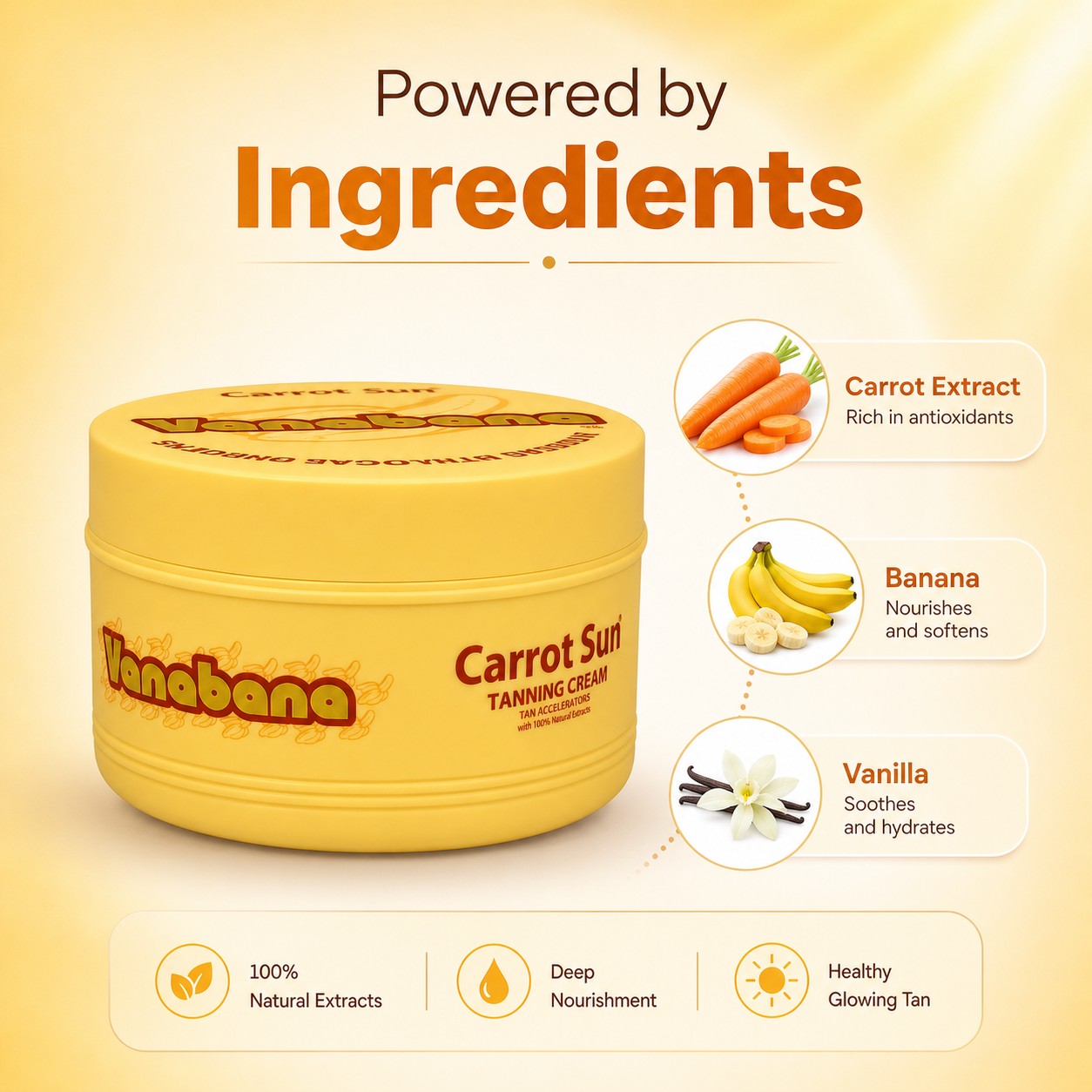 Carrot Sun Vanabana Banana & Vanilla Tanning Cream 350ml jar for fast deep bronze tanning with nourishing skin formula