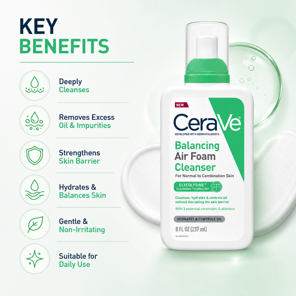 CeraVe Balancing Air Foam Cleanser 237ml foaming facial cleanser for normal to combination skin with oil control benefits