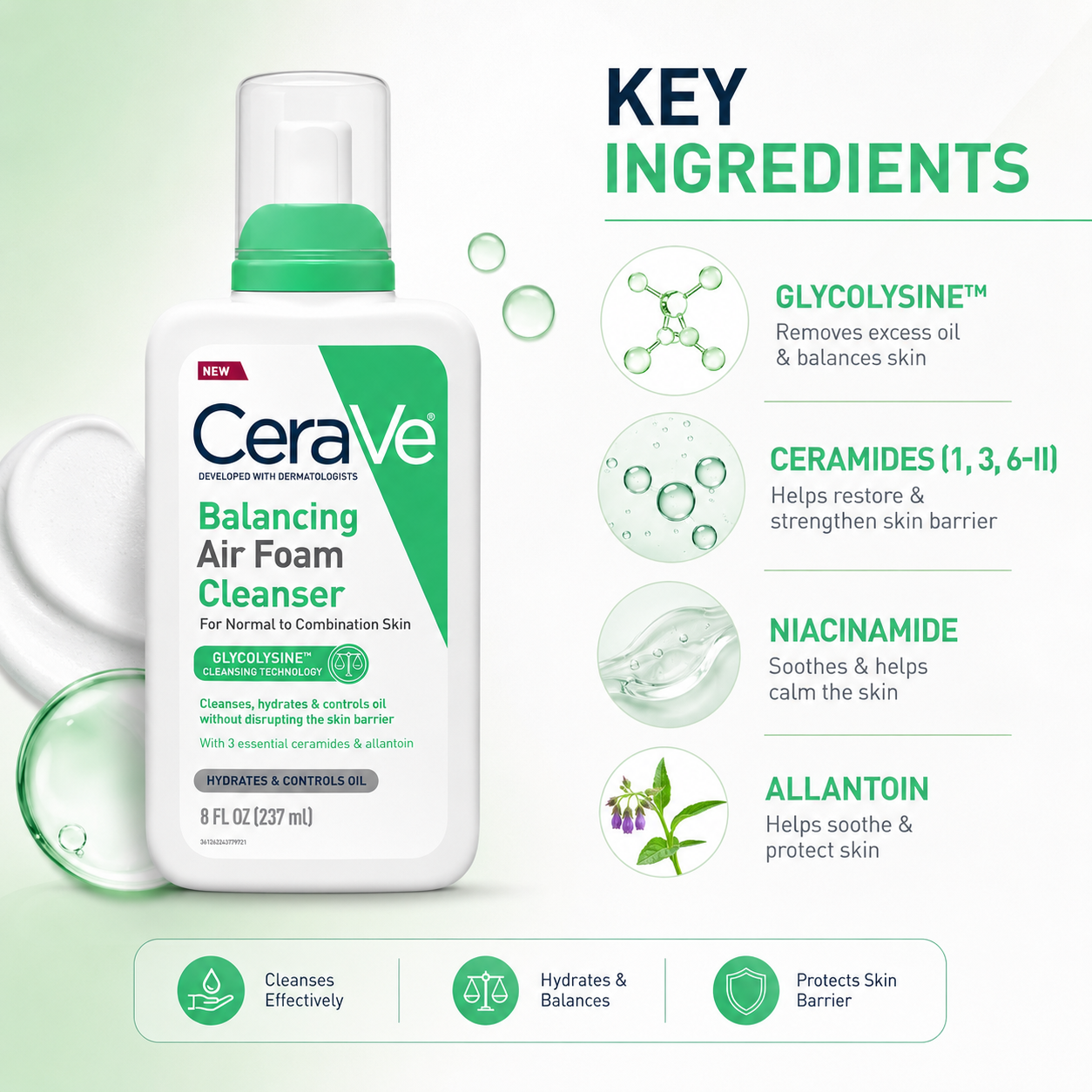 CeraVe Balancing Air Foam Cleanser 237ml foaming facial cleanser for normal to combination skin with oil control benefits