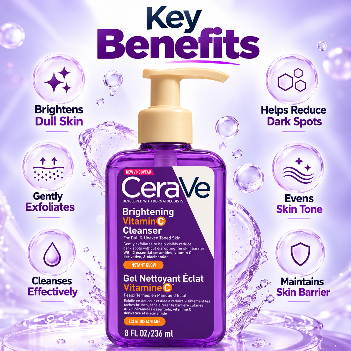 CeraVe Brightening Vitamin C Cleanser 236ml purple pump bottle, a brightening gel facial cleanser for dull skin and uneven tone