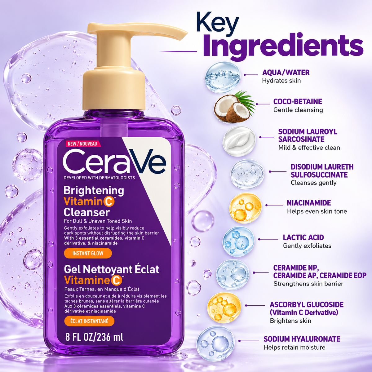 CeraVe Brightening Vitamin C Cleanser 236ml purple pump bottle, a brightening gel facial cleanser for dull skin and uneven tone