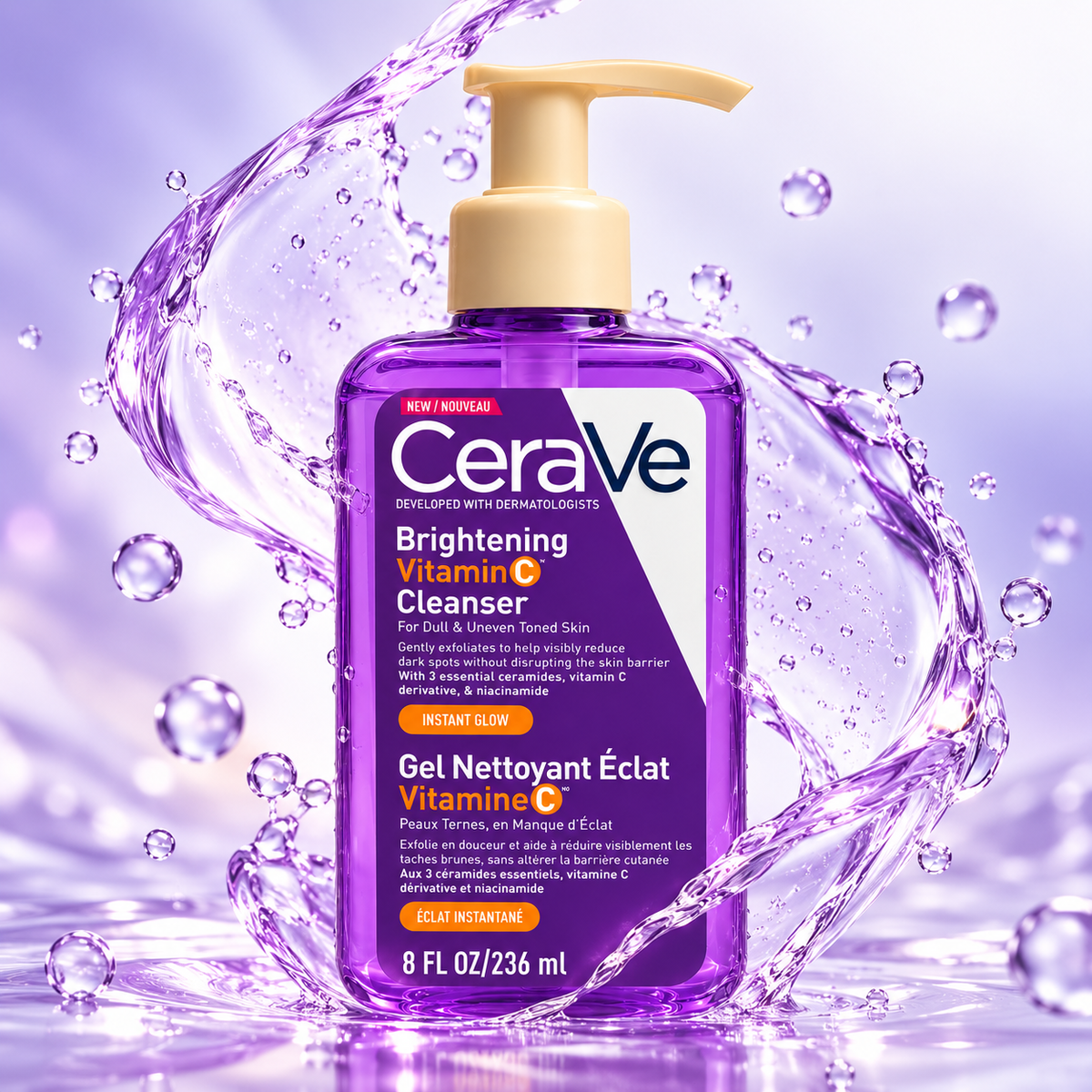 CeraVe Brightening Vitamin C Cleanser 236ml purple pump bottle, a brightening gel facial cleanser for dull skin and uneven tone