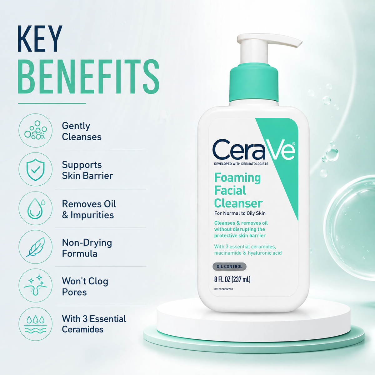 CeraVe Foaming Facial Cleanser foaming face wash for normal to oily skin, 237ml, removes excess oil and supports skin barrier