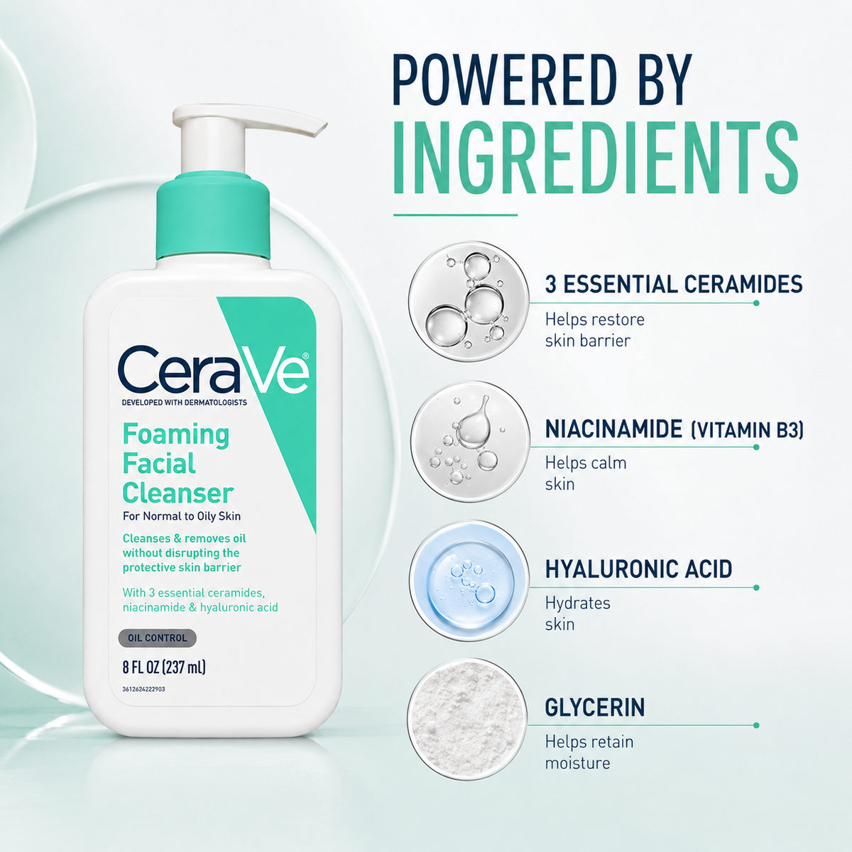 CeraVe Foaming Facial Cleanser foaming face wash for normal to oily skin, 237ml, removes excess oil and supports skin barrier