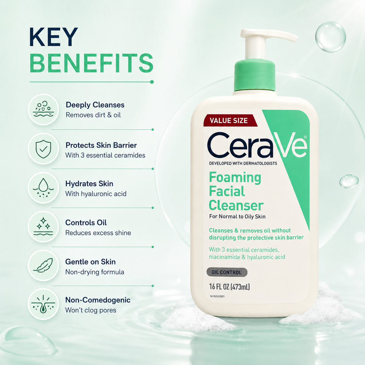 CeraVe Foaming Facial Cleanser 473ml foaming face wash for normal to oily skin with oil control and ceramides