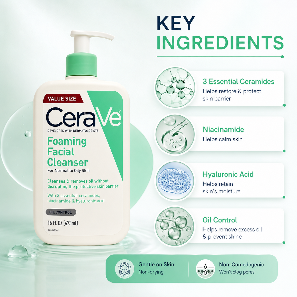 CeraVe Foaming Facial Cleanser 473ml foaming face wash for normal to oily skin with oil control and ceramides