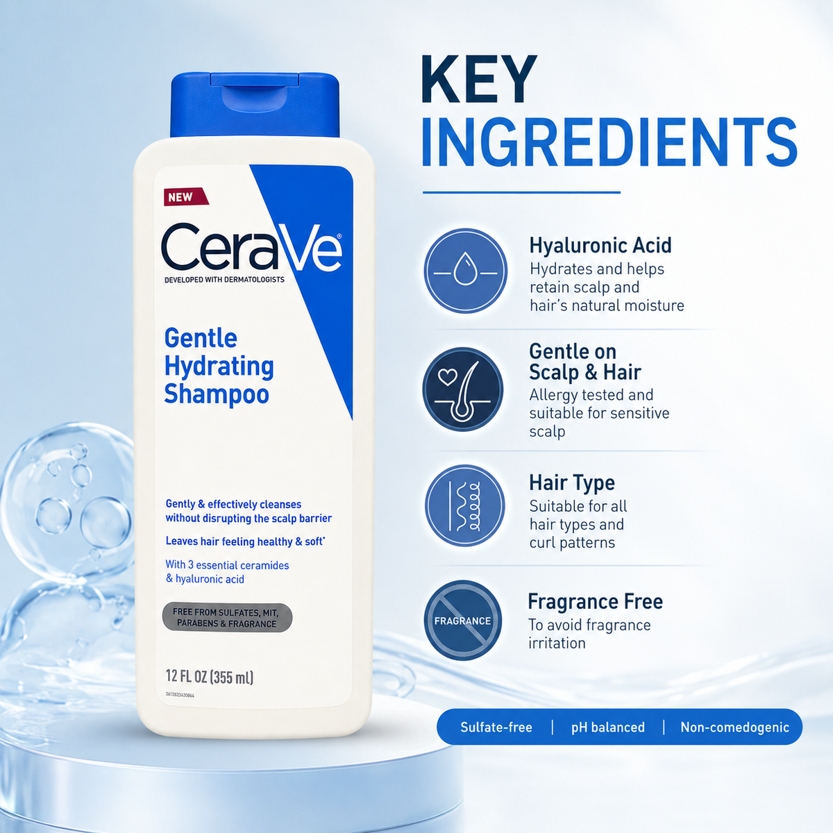 CeraVe Gentle Hydrating Shampoo 355ml sulfate-free shampoo for sensitive scalp and gentle cleansing