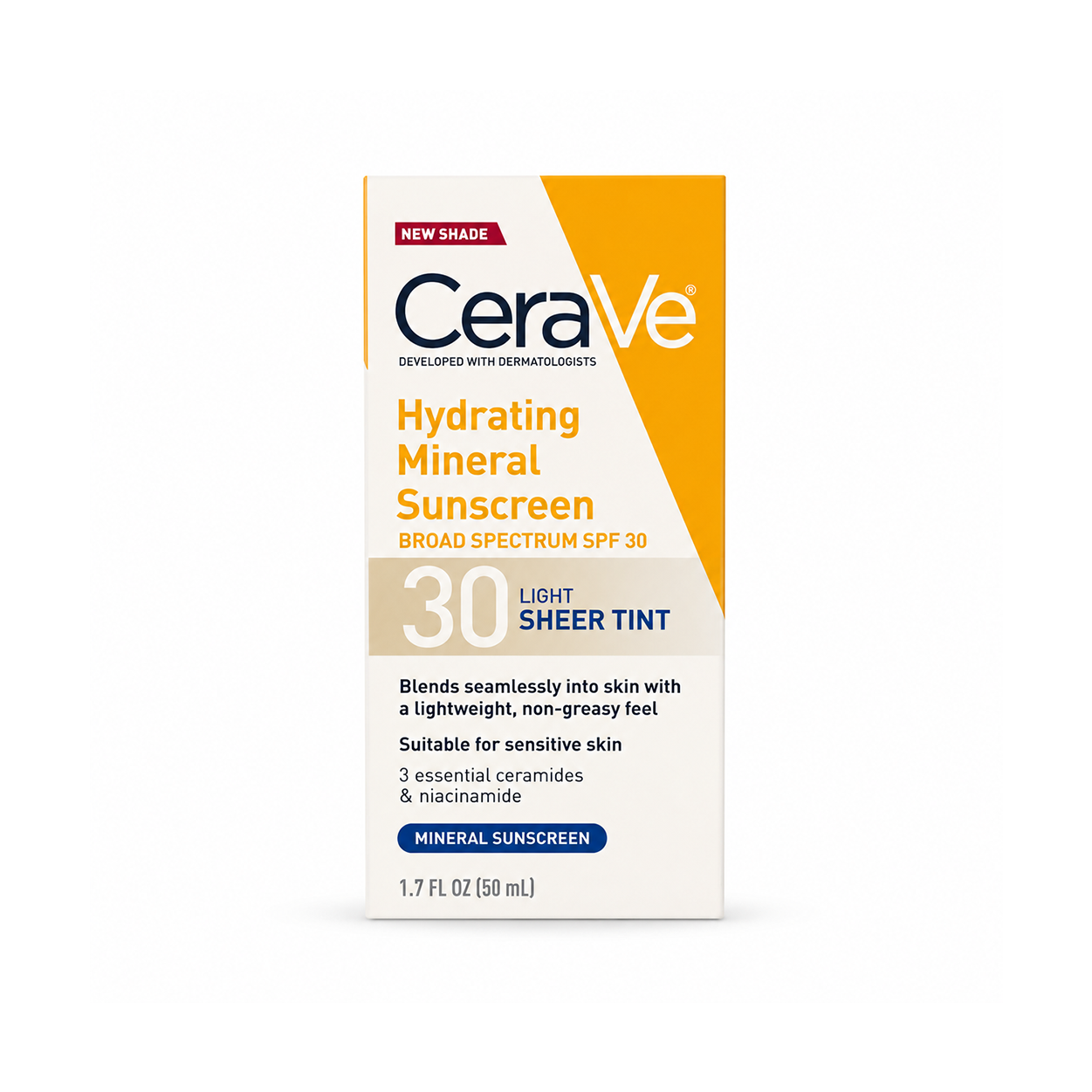 CeraVe Hydrating Mineral Sunscreen Broad Spectrum SPF 30 Light Sheer Tint 50ml tinted mineral sunscreen for sensitive skin protection and hydration.