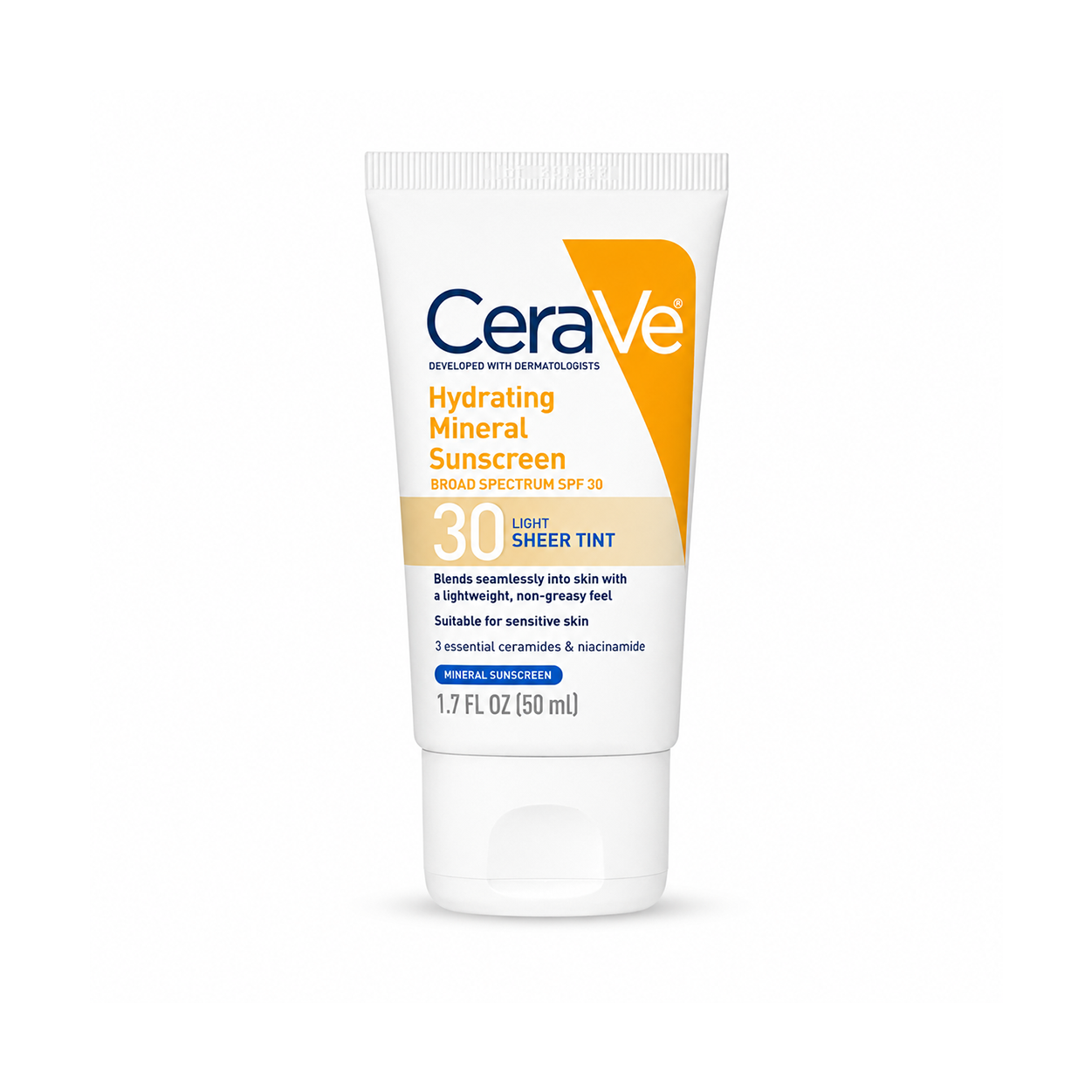 CeraVe Hydrating Mineral Sunscreen Broad Spectrum SPF 30 Light Sheer Tint 50ml tinted mineral sunscreen for sensitive skin protection and hydration.