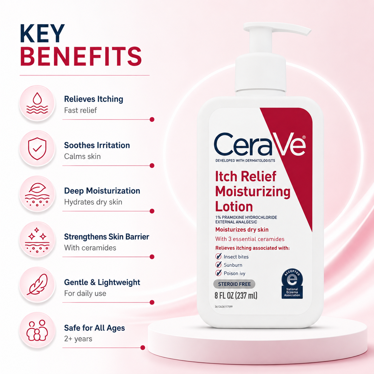 CeraVe Itch Relief Moisturizing Lotion 237ml body lotion with pramoxine for fast itch relief and lasting hydration for dry skin.