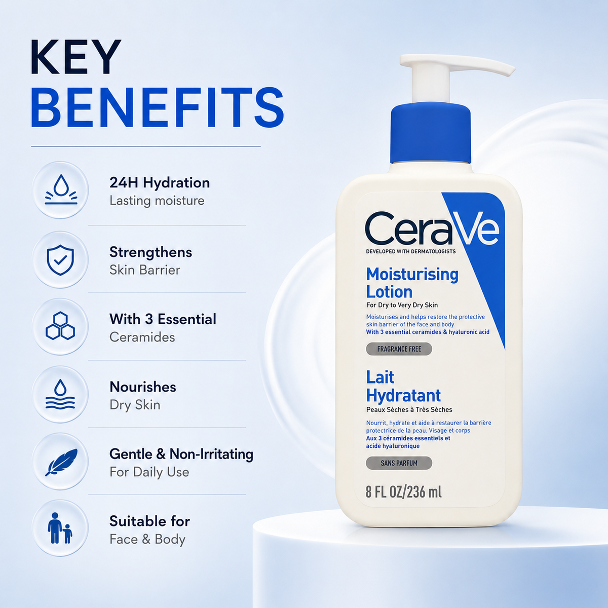 CeraVe Moisturising Lotion for Dry to Very Dry Skin 236ml, fragrance-free lotion for daily skin barrier support