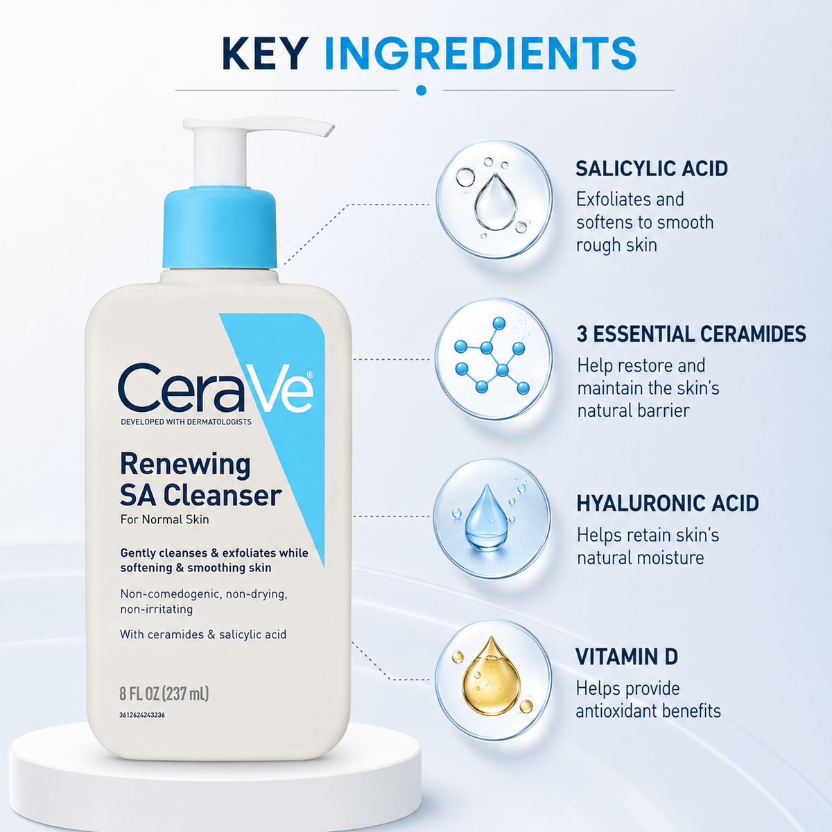 CeraVe Renewing SA Cleanser For Normal Skin 237ml facial cleanser for gentle exfoliation and smoother skin texture