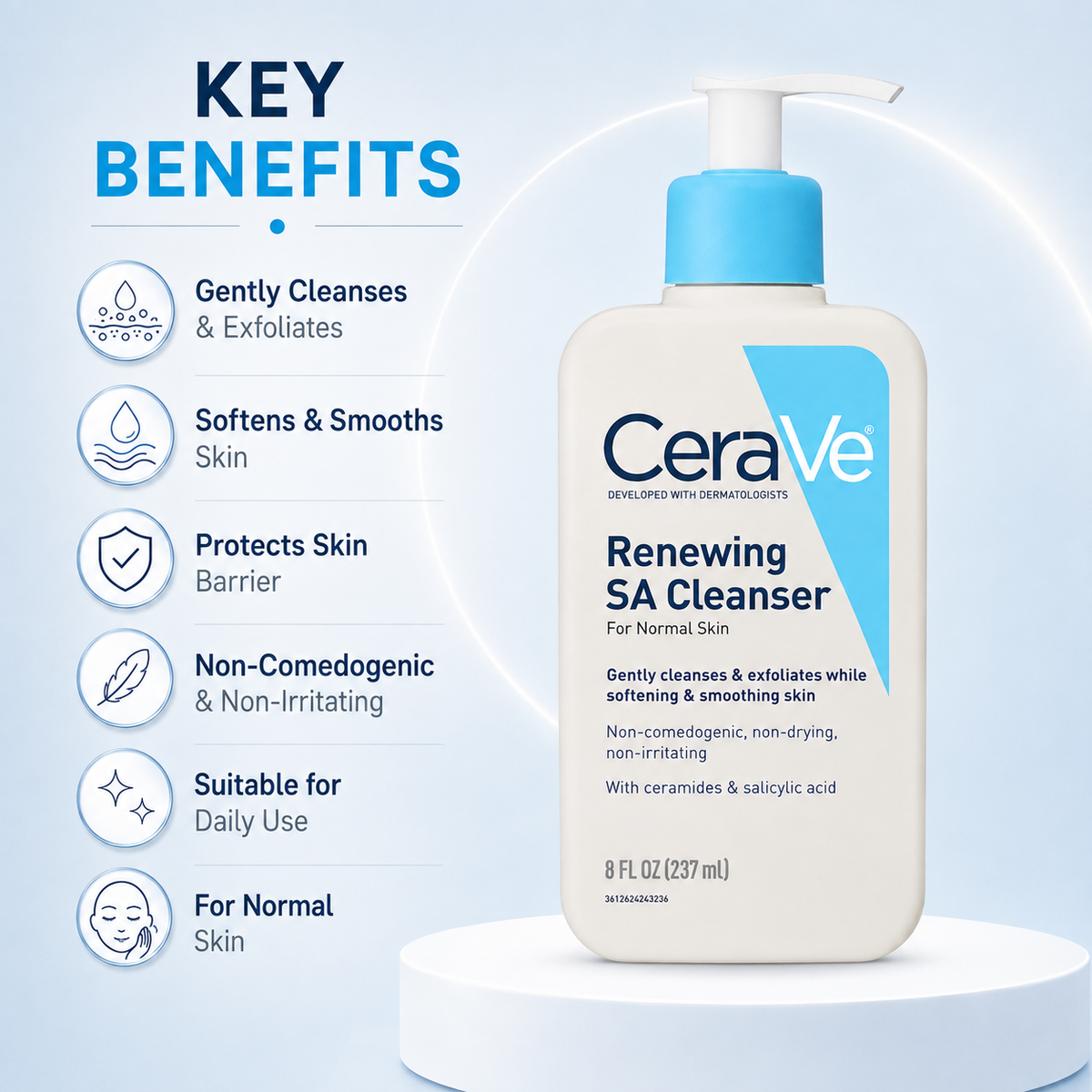 CeraVe Renewing SA Cleanser For Normal Skin 237ml facial cleanser for gentle exfoliation and smoother skin texture