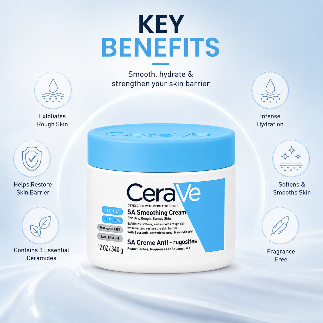 CeraVe SA Smoothing Cream For Dry, Rough & Bumpy Skin 340g exfoliating moisturizing cream with 10% urea to smooth and hydrate skin.