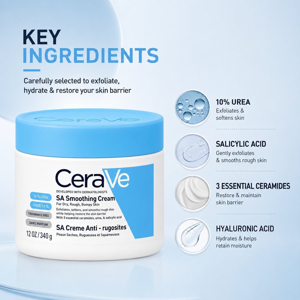 CeraVe SA Smoothing Cream For Dry, Rough & Bumpy Skin 340g exfoliating moisturizing cream with 10% urea to smooth and hydrate skin.