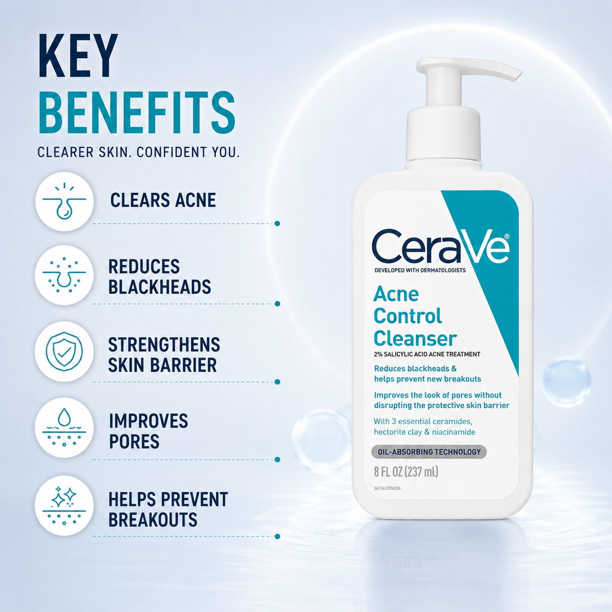 CeraVe Acne Control Cleanser 237ml acne facial cleanser with 2% salicylic acid for blackheads and breakouts