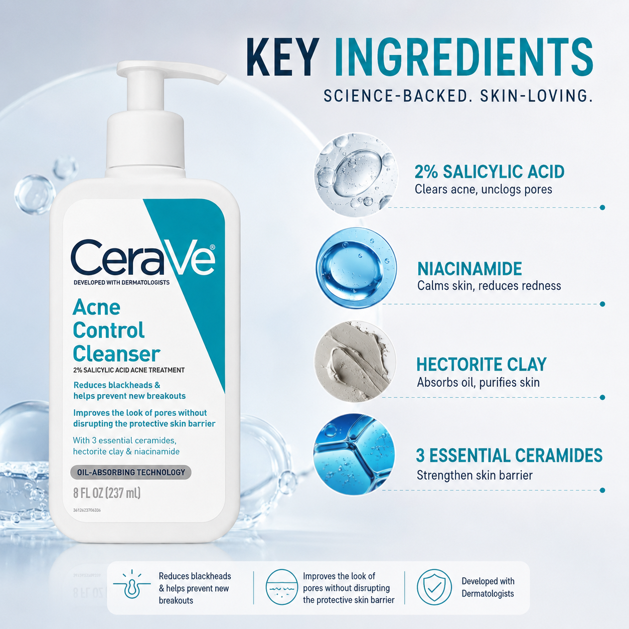 CeraVe Acne Control Cleanser 237ml acne facial cleanser with 2% salicylic acid for blackheads and breakouts