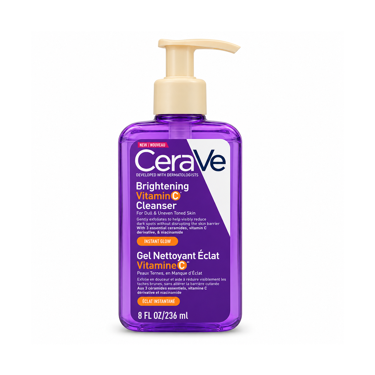 CeraVe Brightening Vitamin C Cleanser 236ml purple pump bottle, a brightening gel facial cleanser for dull skin and uneven tone
