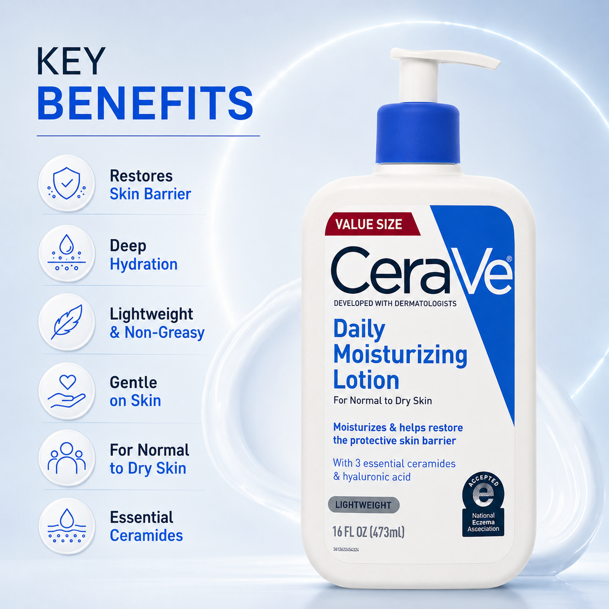 CeraVe Daily Moisturizing Lotion 16 FL OZ 473ml, lightweight moisturizer for normal to dry skin with barrier support