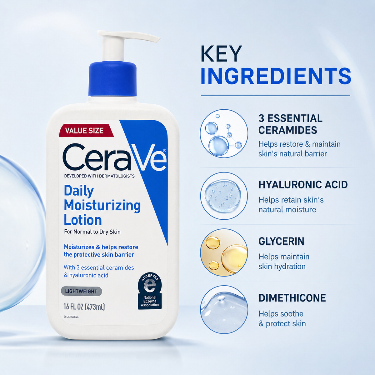 CeraVe Daily Moisturizing Lotion 16 FL OZ 473ml, lightweight moisturizer for normal to dry skin with barrier support