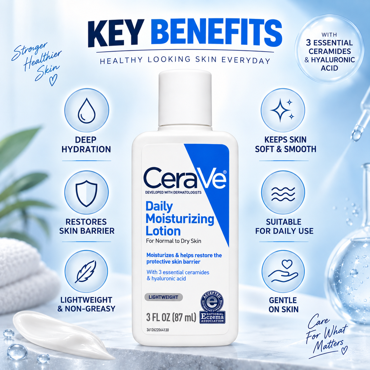 CeraVe Daily Moisturizing Lotion For Normal to Dry Skin 87ml, lightweight daily moisturizer for dry skin