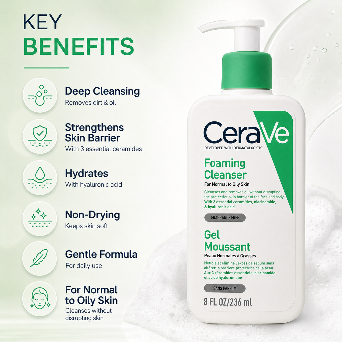 CeraVe Foaming Cleanser for Normal to Oily Skin 236ml, foaming facial cleanser that removes excess oil and supports skin barrier.