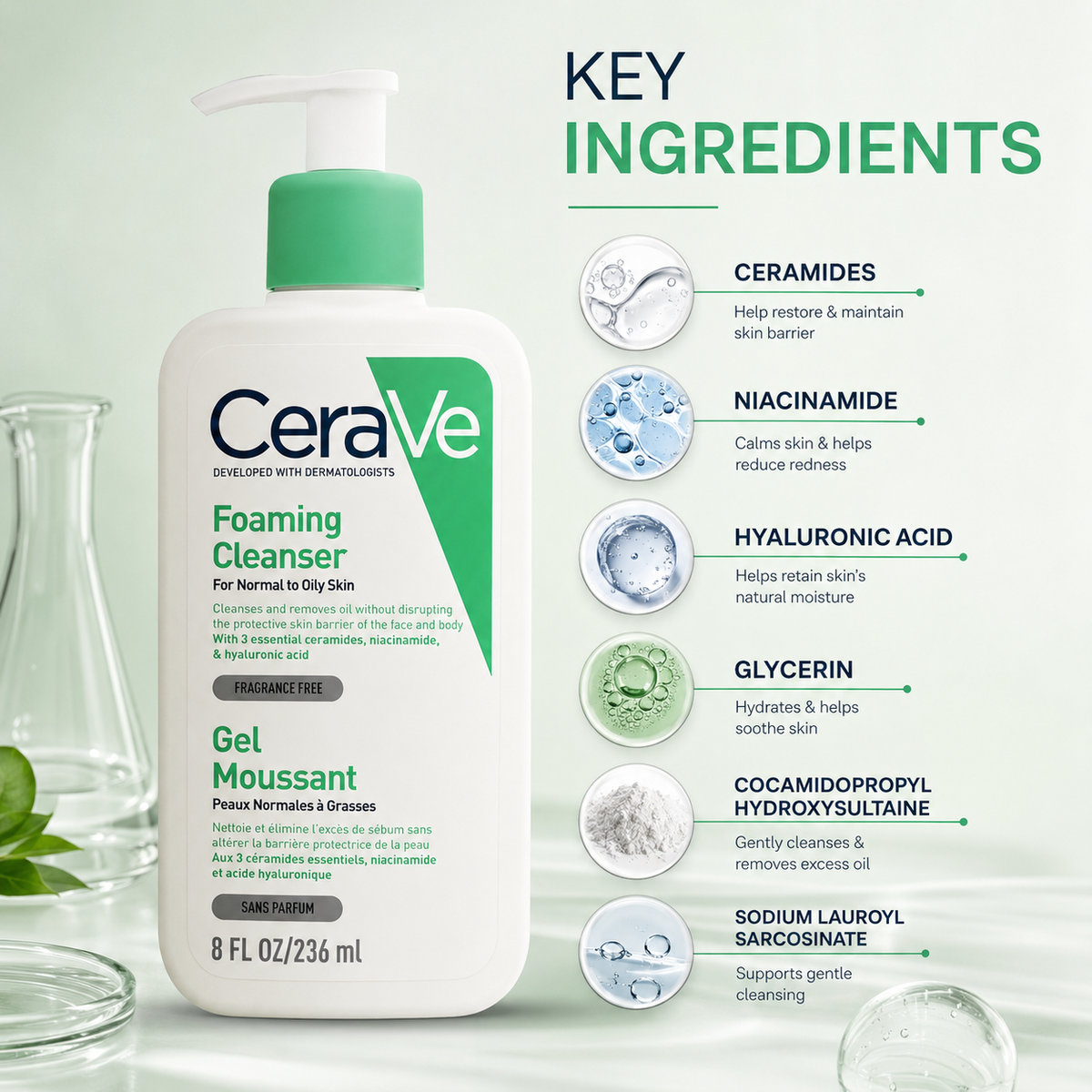 CeraVe Foaming Cleanser for Normal to Oily Skin 236ml, foaming facial cleanser that removes excess oil and supports skin barrier.