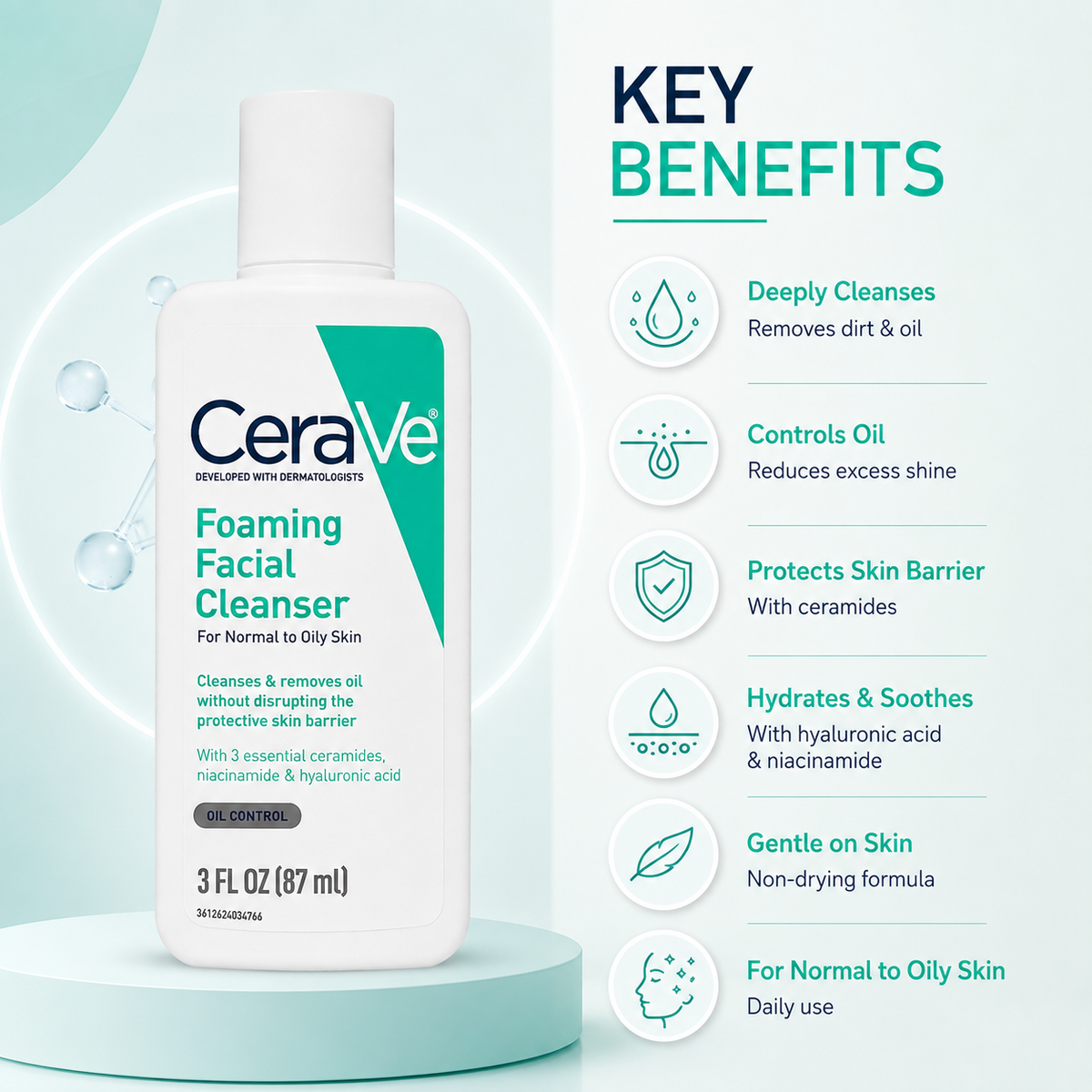 CeraVe Foaming Facial Cleanser 87ml for normal to oily skin, removes excess oil with gentle barrier-supporting cleansing.