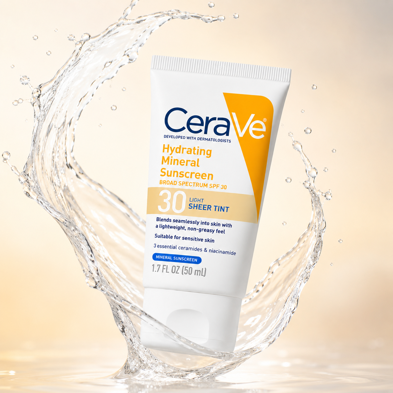 CeraVe Hydrating Mineral Sunscreen Broad Spectrum SPF 30 Light Sheer Tint 50ml tinted mineral sunscreen for sensitive skin protection and hydration.