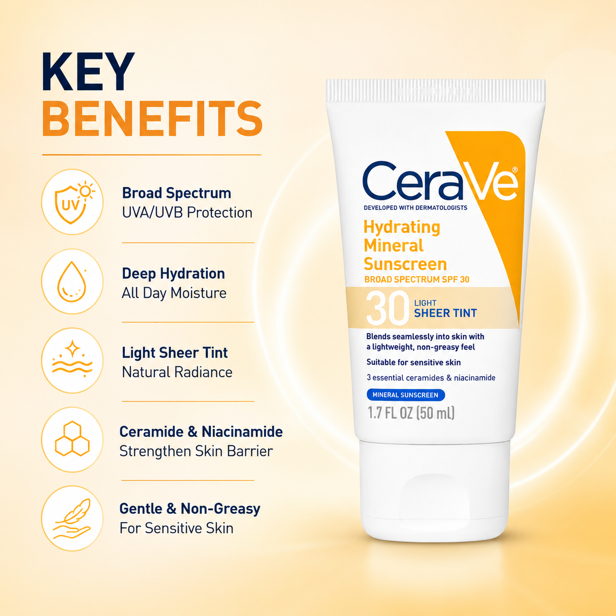 CeraVe Hydrating Mineral Sunscreen Broad Spectrum SPF 30 Light Sheer Tint 50ml tinted mineral sunscreen for sensitive skin protection and hydration.