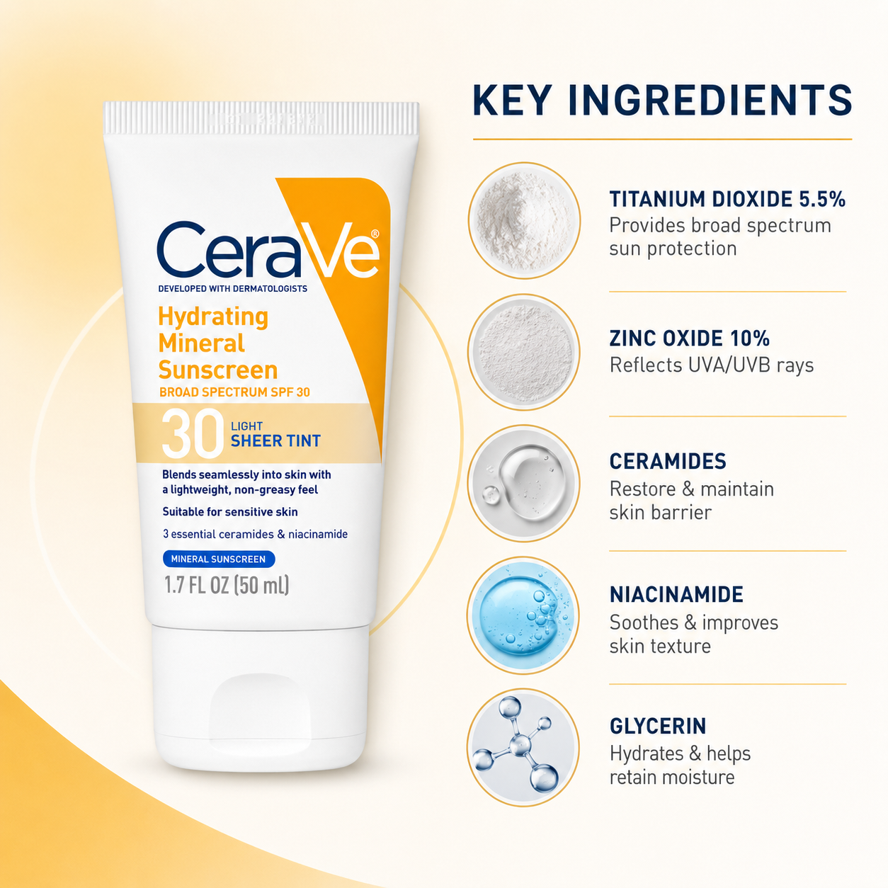 CeraVe Hydrating Mineral Sunscreen Broad Spectrum SPF 30 Light Sheer Tint 50ml tinted mineral sunscreen for sensitive skin protection and hydration.