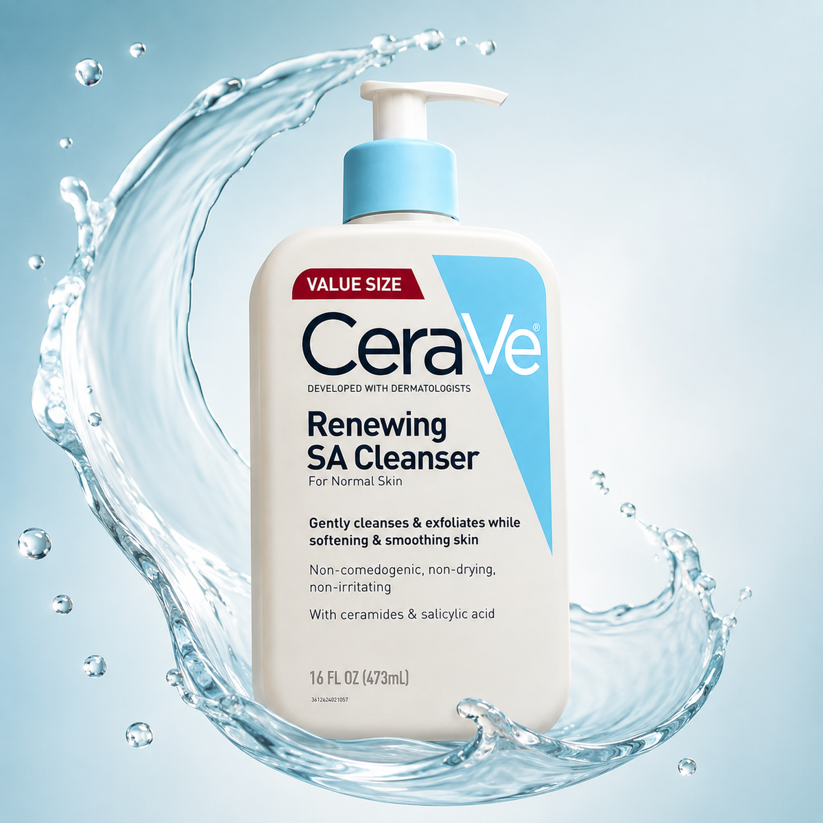 CeraVe Renewing SA Cleanser salicylic acid facial cleanser for normal skin 473ml, gently exfoliates and smooths skin
