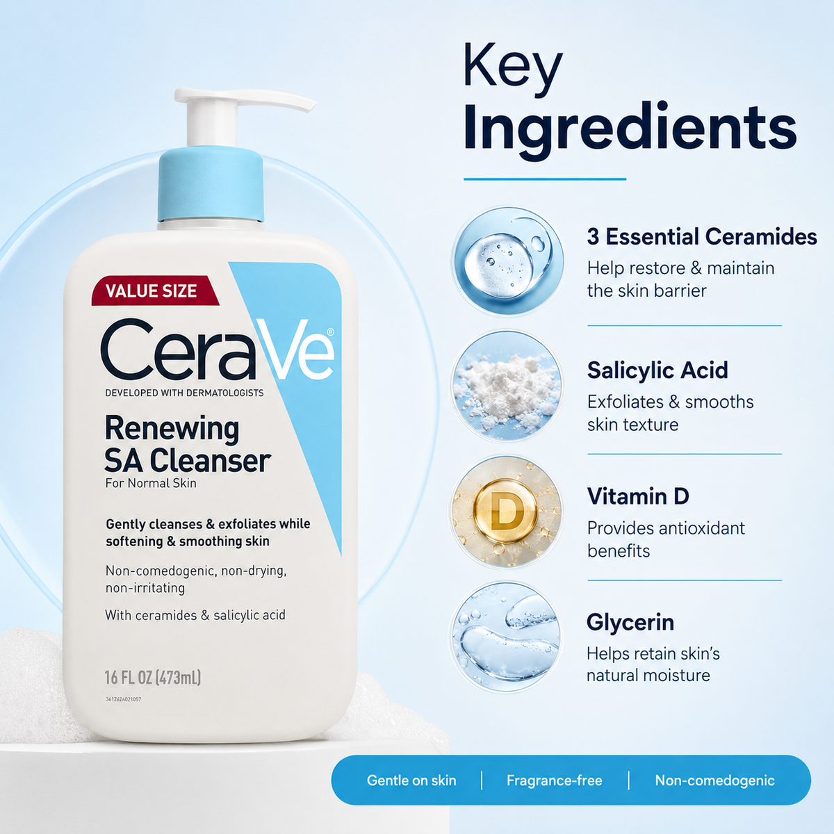 CeraVe Renewing SA Cleanser salicylic acid facial cleanser for normal skin 473ml, gently exfoliates and smooths skin