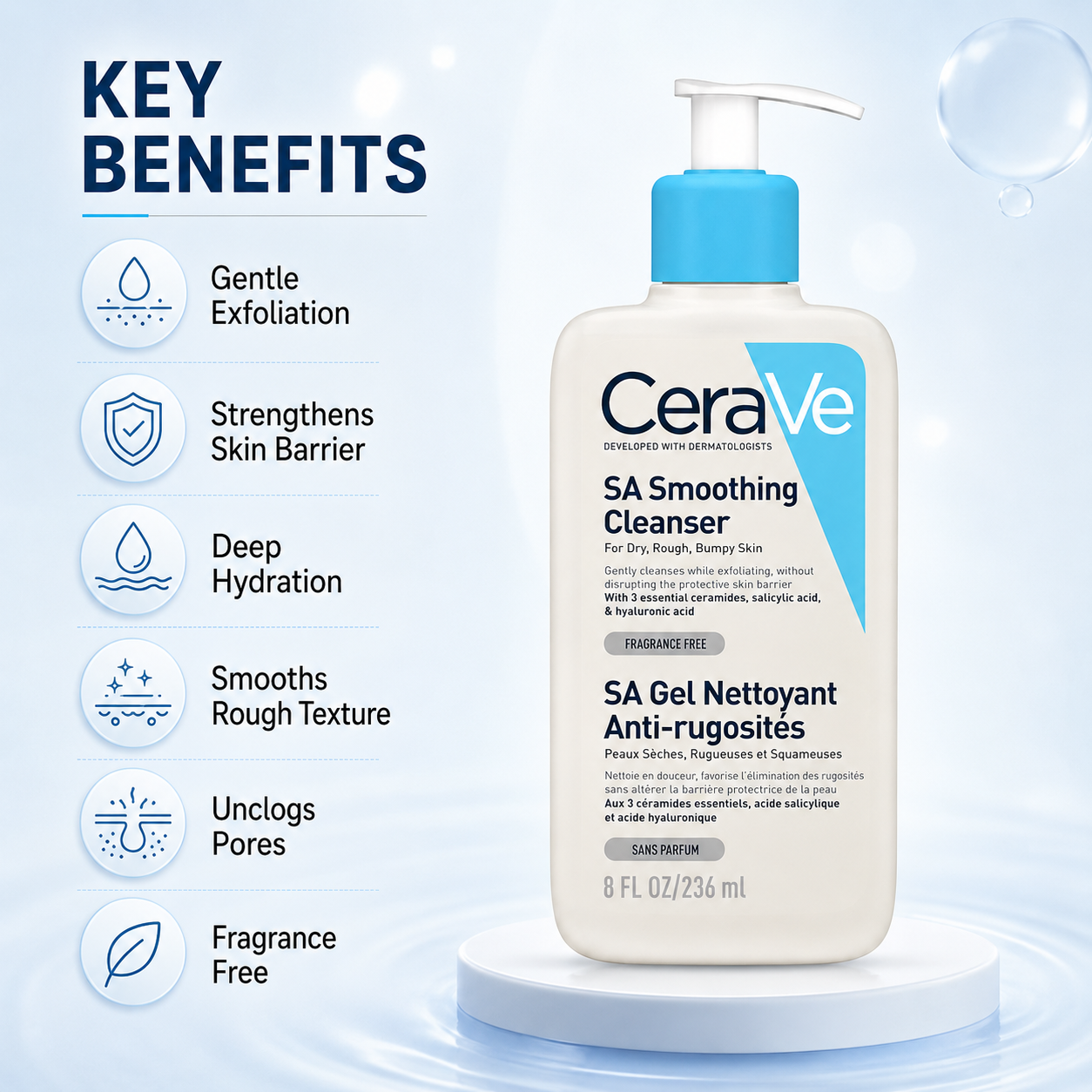 CeraVe SA Smoothing Cleanser 236ml exfoliating facial cleanser with salicylic acid for rough, bumpy skin and smoother texture.