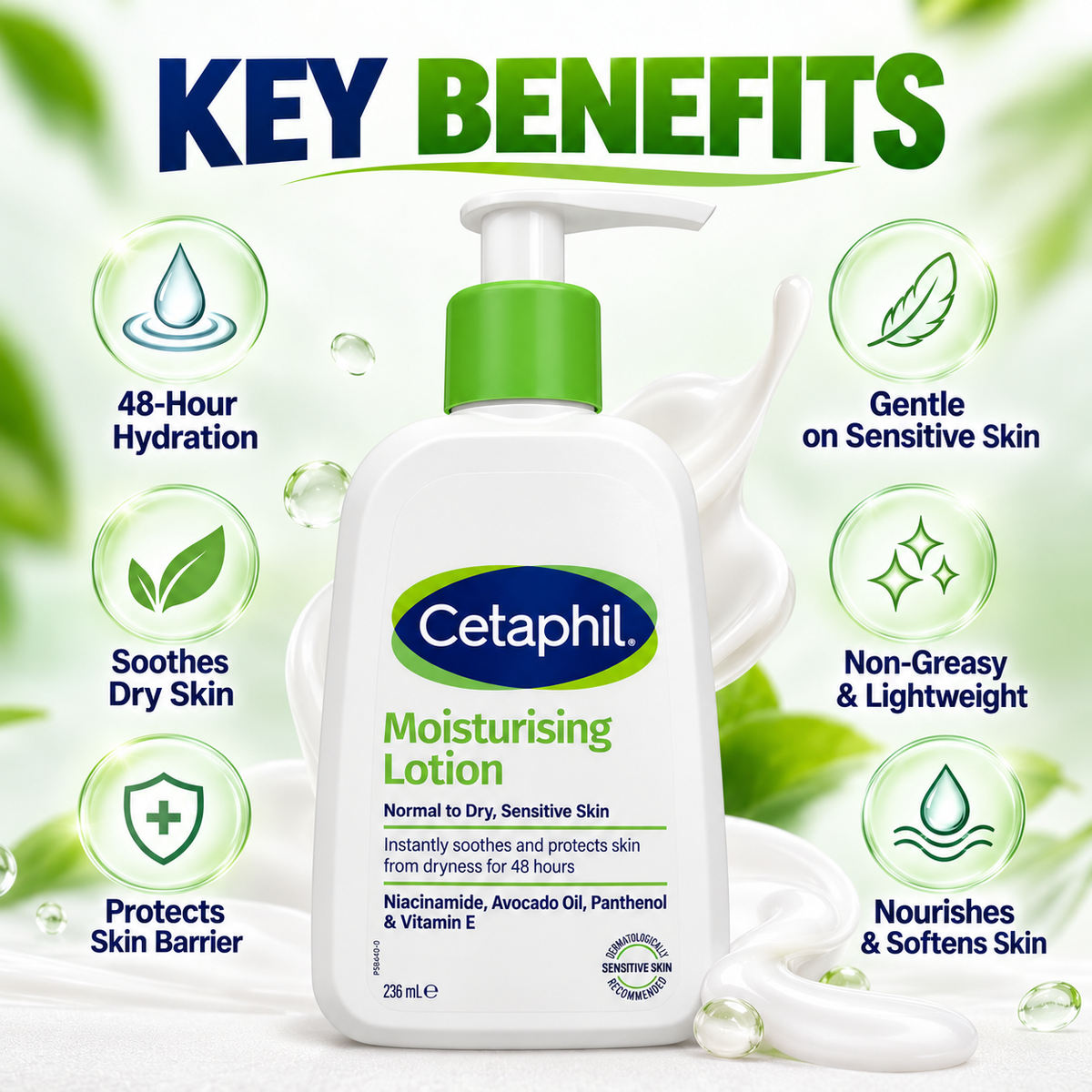 Cetaphil Moisturising Lotion for normal to dry sensitive skin, 236ml pump bottle, helps protect against dryness for 48 hours.