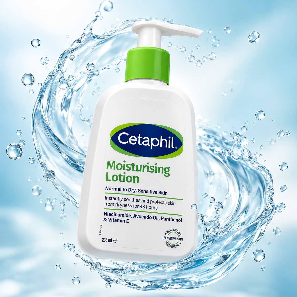 Cetaphil Moisturising Lotion for normal to dry sensitive skin, 236ml pump bottle, helps protect against dryness for 48 hours.