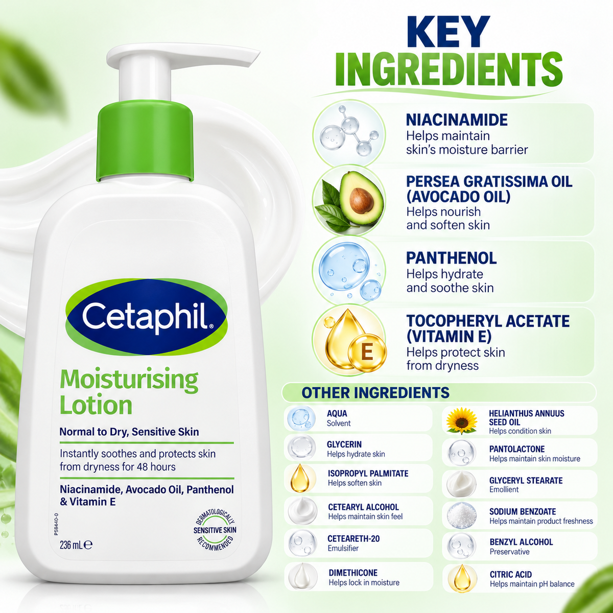 Cetaphil Moisturising Lotion for normal to dry sensitive skin, 236ml pump bottle, helps protect against dryness for 48 hours.