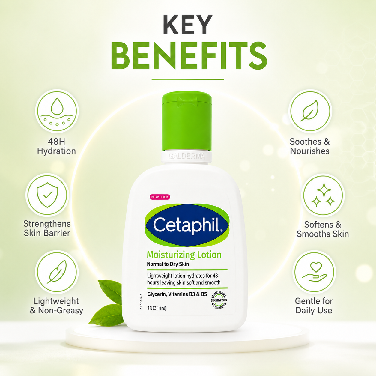 Cetaphil Moisturizing Lotion 118ml body lotion for normal to dry sensitive skin with glycerin, providing long-lasting hydration and softness.