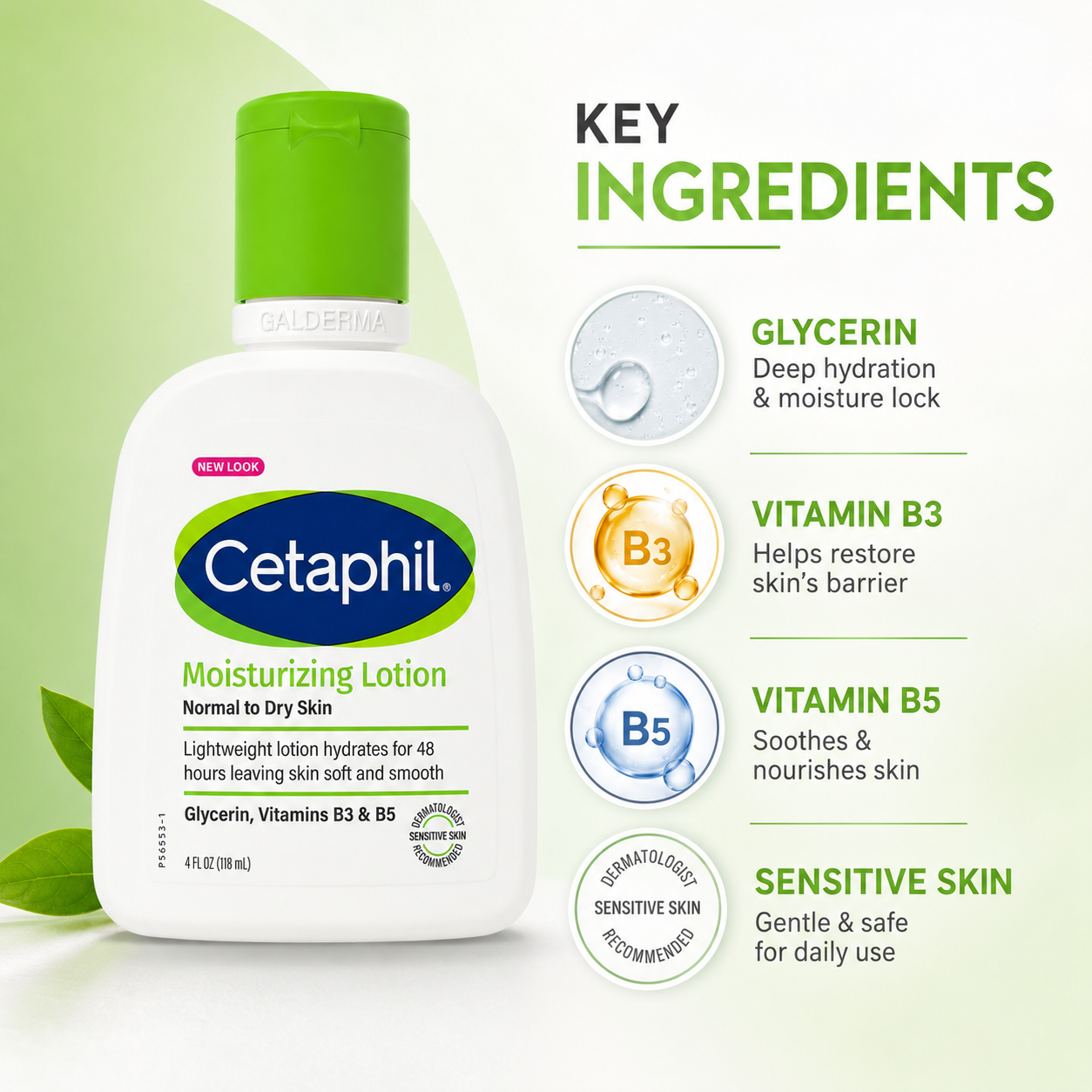 Cetaphil Moisturizing Lotion 118ml body lotion for normal to dry sensitive skin with glycerin, providing long-lasting hydration and softness.