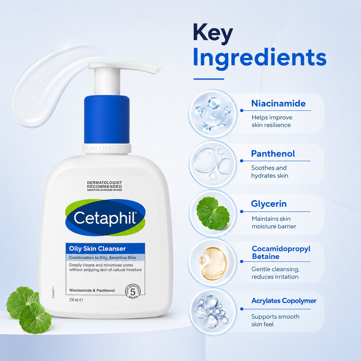 Cetaphil Oily Skin Cleanser 236ml gel face wash for sensitive combination skin with deep cleansing and pore minimizing benefits