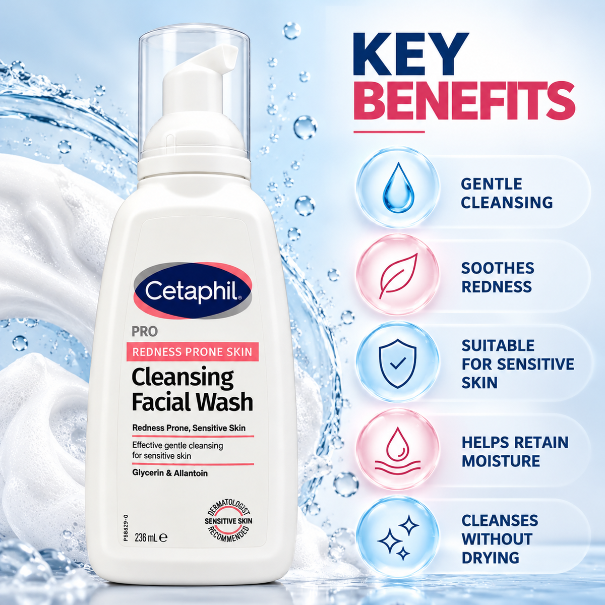 Cetaphil PRO Redness Prone Skin Cleansing Facial Wash 236ml, gentle facial cleanser for sensitive, redness-prone skin.