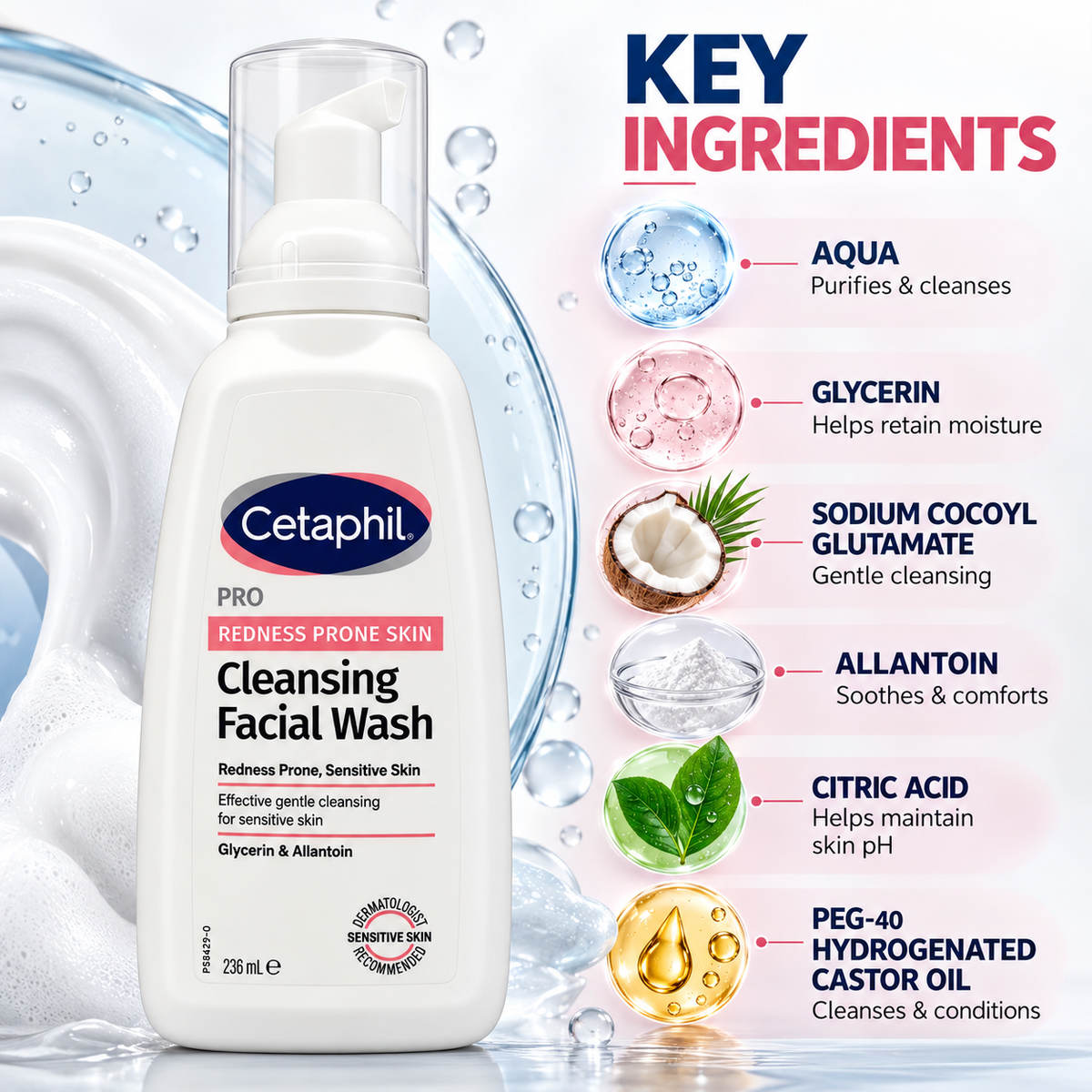 Cetaphil PRO Redness Prone Skin Cleansing Facial Wash 236ml, gentle facial cleanser for sensitive, redness-prone skin.