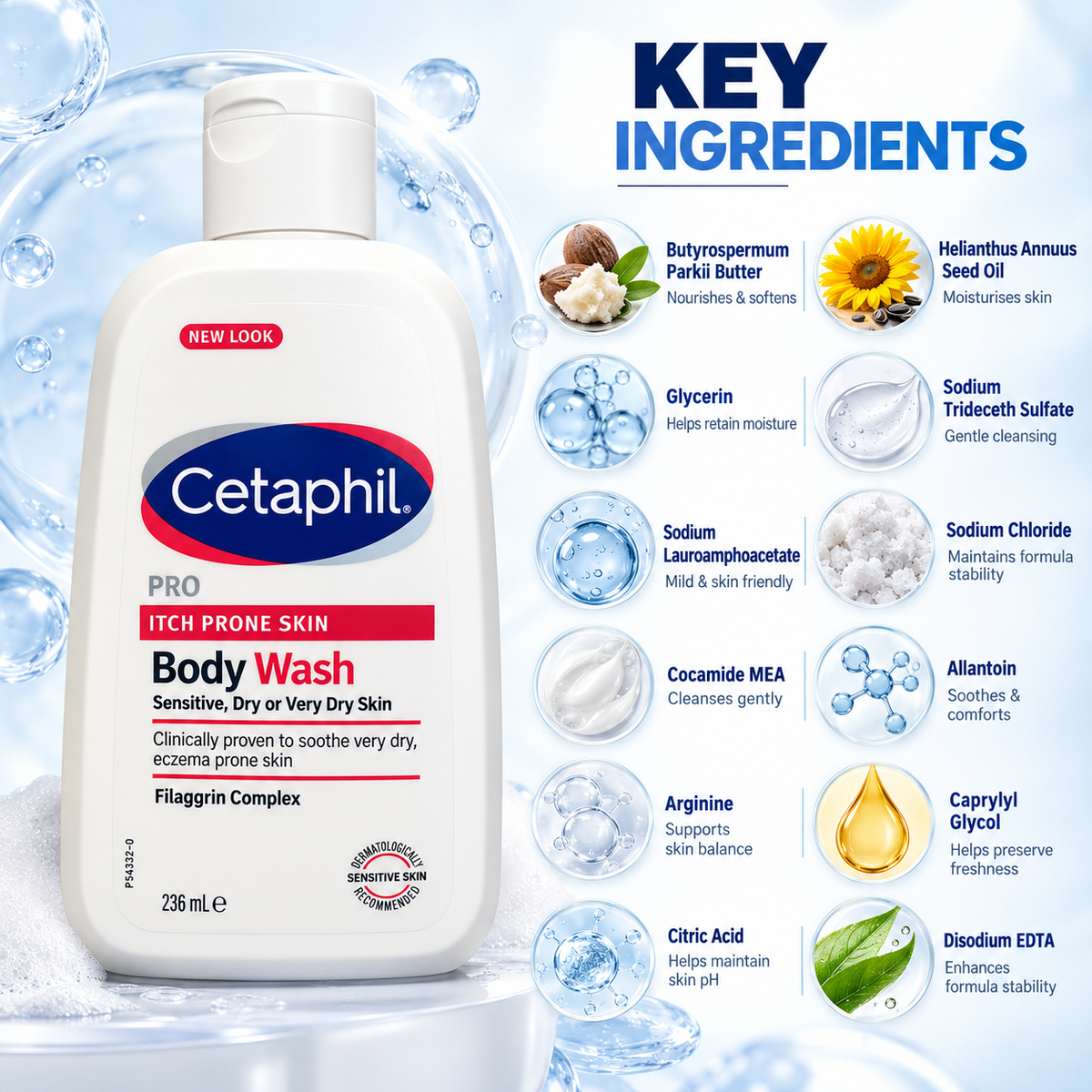 Cetaphil PRO Itch Prone Skin Body Wash 236ml for sensitive, very dry skin, designed to gently cleanse and soothe itch-prone skin.