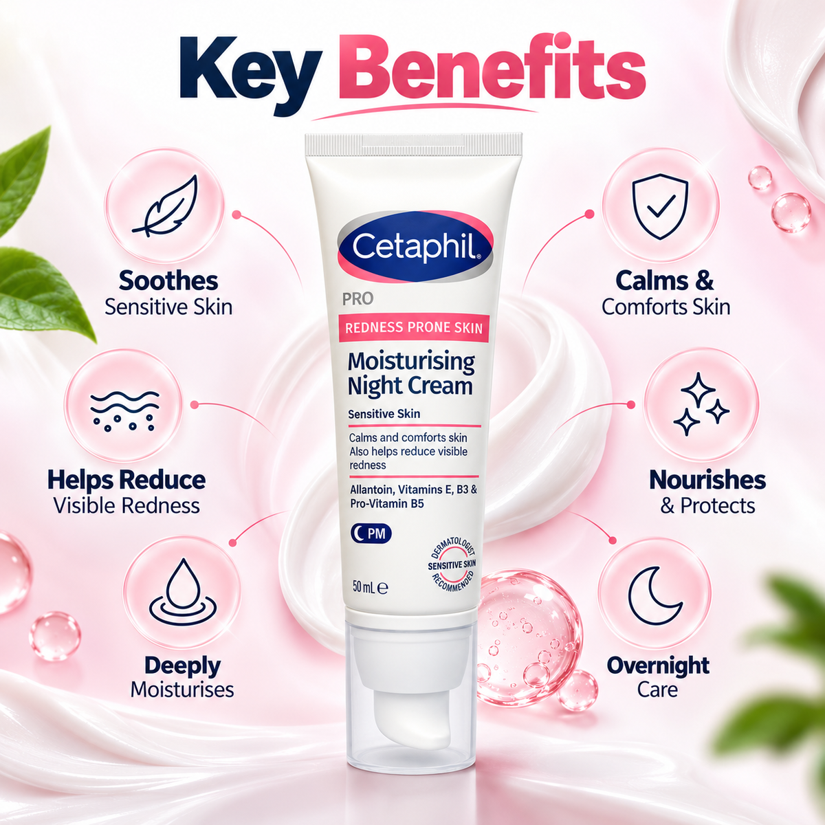 Cetaphil PRO Redness Prone Skin Moisturising Night Cream 50ml for sensitive skin, helps moisturise and reduce visible redness.