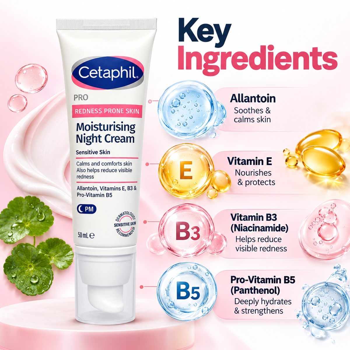 Cetaphil PRO Redness Prone Skin Moisturising Night Cream 50ml for sensitive skin, helps moisturise and reduce visible redness.