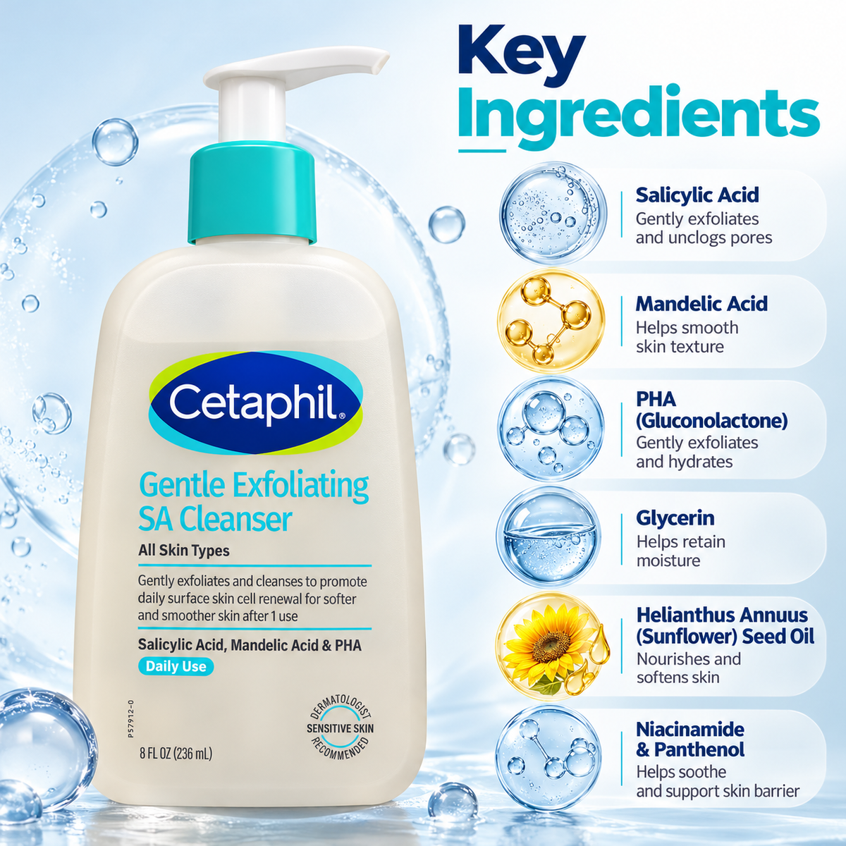 Cetaphil Gentle Exfoliating SA Cleanser 236ml exfoliating facial cleanser for smoother skin and daily pore cleansing.