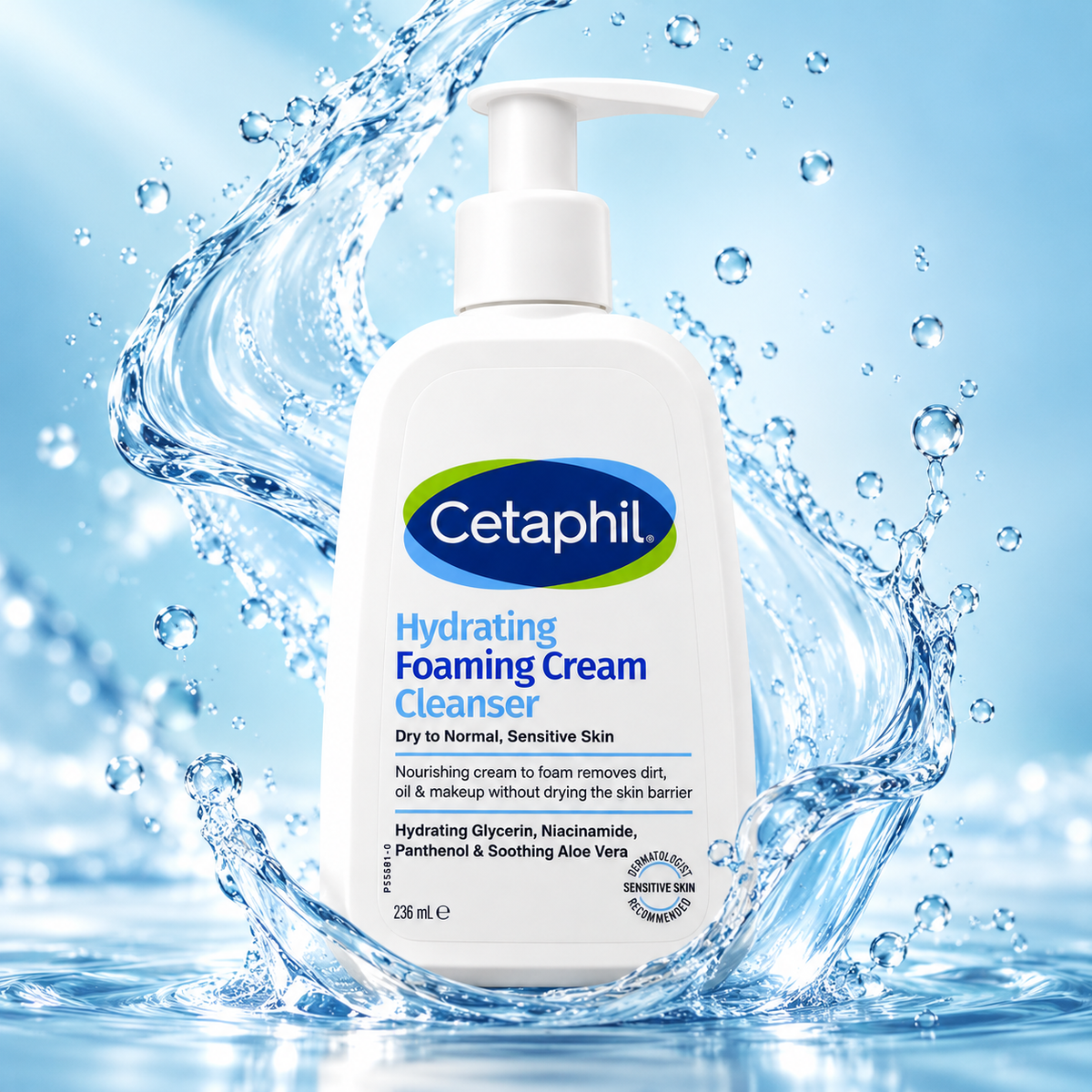Cetaphil Hydrating Foaming Cream Cleanser 236ml, gentle facial cleanser for dry to normal sensitive skin that cleanses without drying.