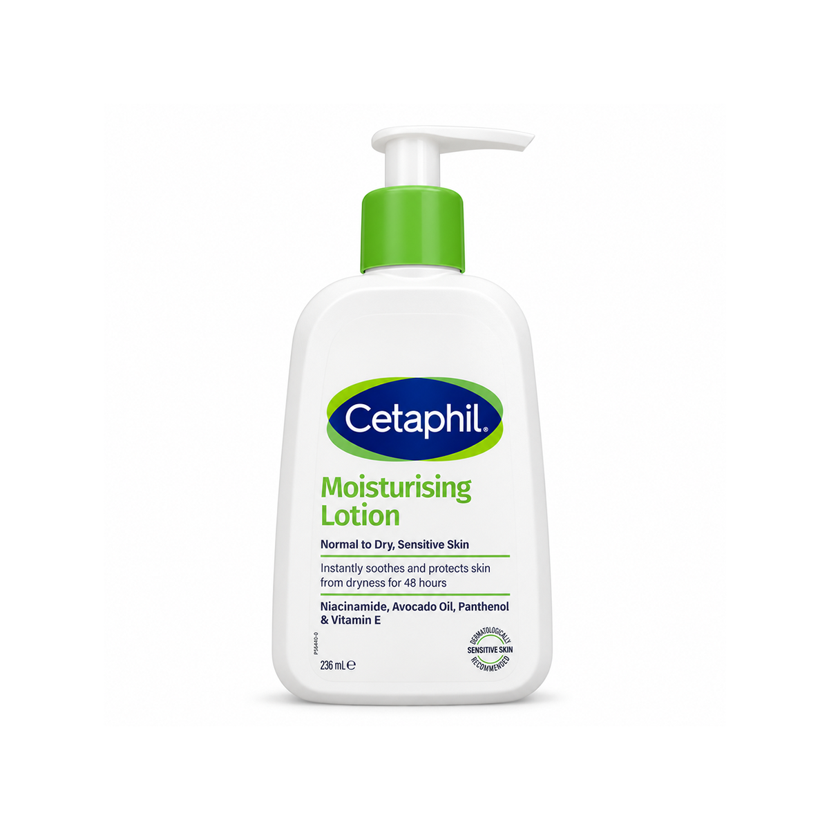 Cetaphil Moisturising Lotion for normal to dry sensitive skin, 236ml pump bottle, helps protect against dryness for 48 hours.