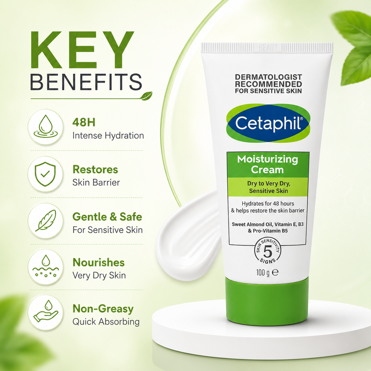 Cetaphil Moisturizing Cream Dry To Very Dry, Sensitive Skin 100g moisturizing cream providing 48-hour hydration and skin barrier support.