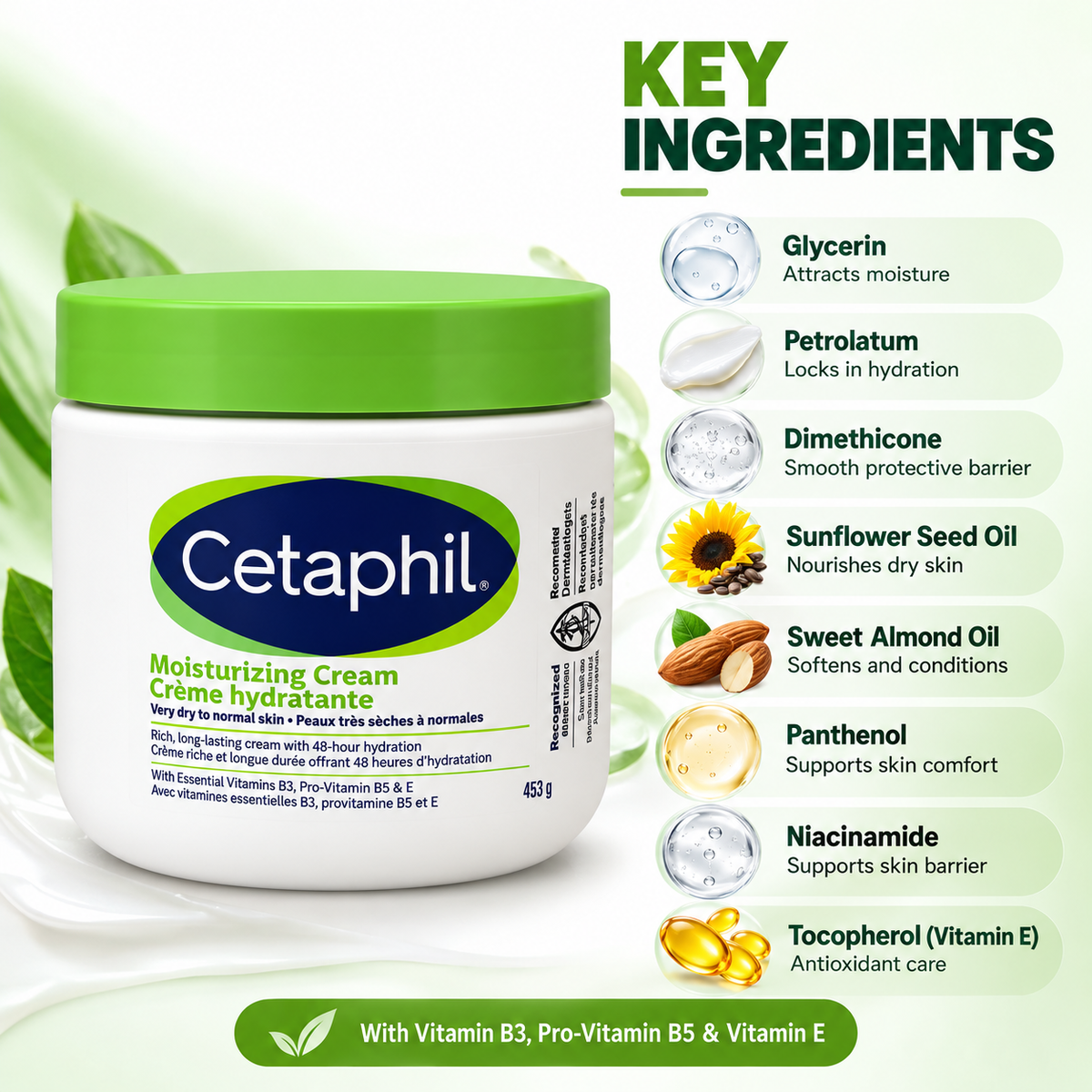 Cetaphil Moisturizing Cream 453g moisturizing cream for very dry to normal skin, providing up to 48-hour hydration.